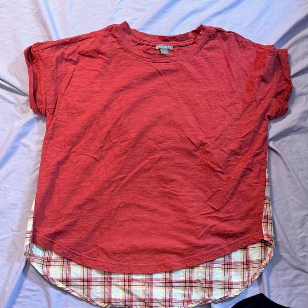 NEW Falls Creek brand 2-in-1 Layered-Look top (Short Sleeve Orange plaid) BIG SM